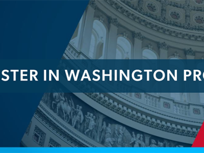 Semester in Washington graphic with blue and red slanted shapes and an image of part of the US Capitol