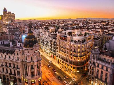 Aerial view of a street in Spain at sunset