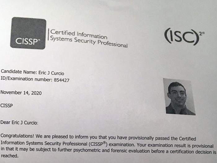 Letter from ISC2 with CISSP exam results for Eric Cursio showing he passed