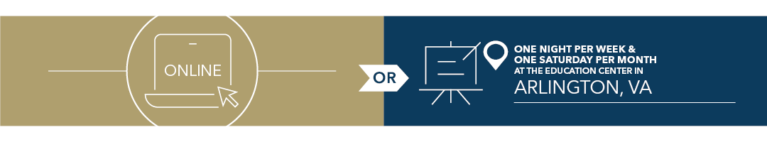 Online or one night per week and one Saturday per month at the education center in Arlington, VA