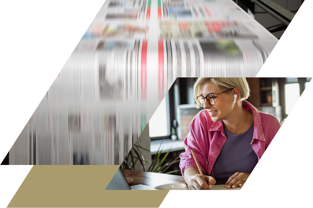 Collage of printing press and woman a working on a computer