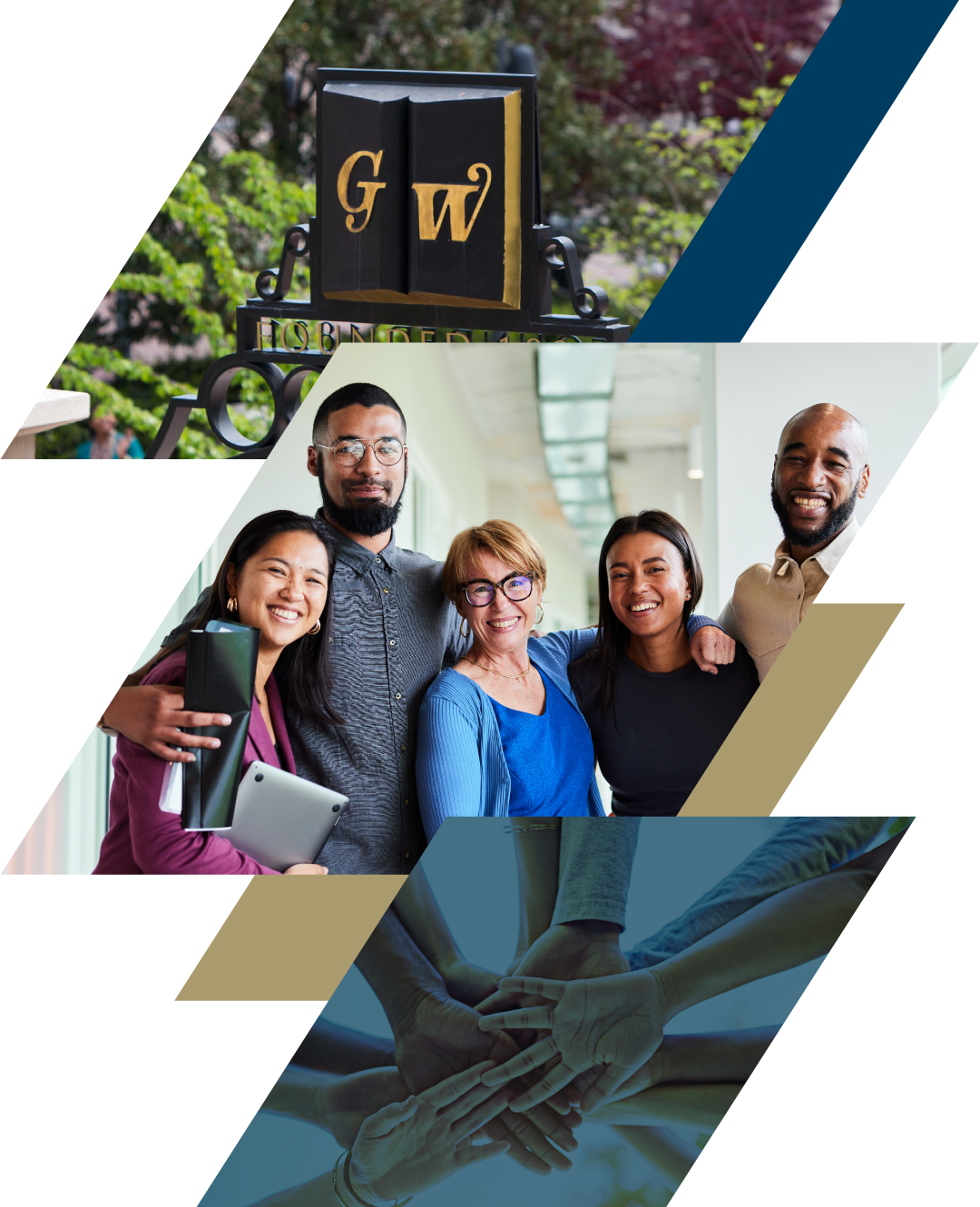 CPS collage with GW sign, group of 5 people and hands touching in a circle shape