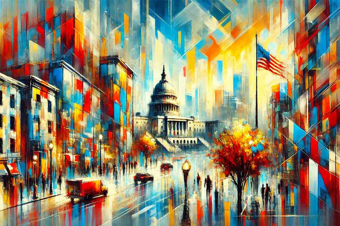 AI image of the Capitol building on a busy city street with the American flag flying next to it
