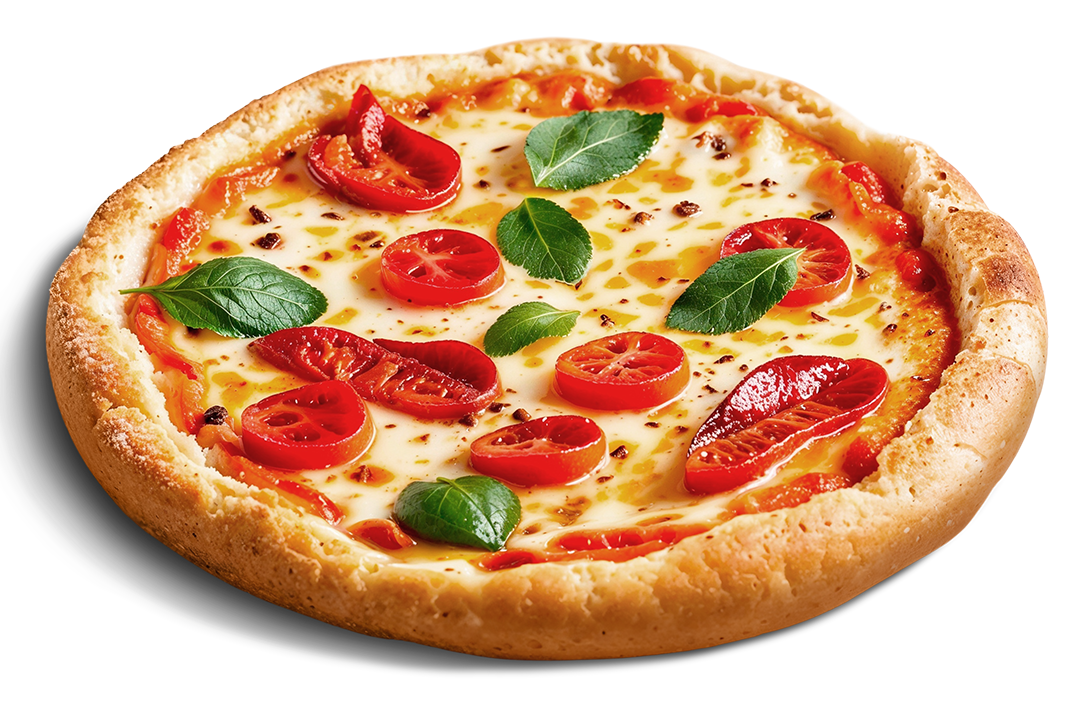 Pizza with basil leaves and fresh tomatoes