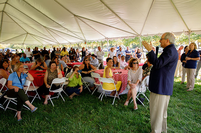 New GW President Thomas LeBlanc speaks to faculty and staff at the Proud to be GW Festival at VSTC (William Atkins)
