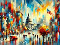 AI image of the Capitol building on a busy city street with the American flag flying next to it
