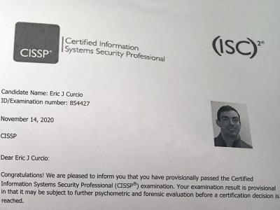 Letter from ISC2 with CISSP exam results for Eric Cursio showing he passed