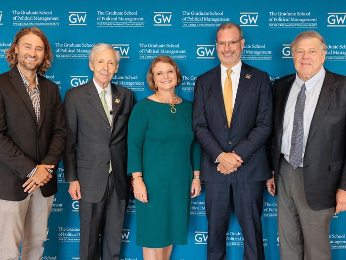 Group of 5 people at the GSPM Pollsters event including faculty and speakers