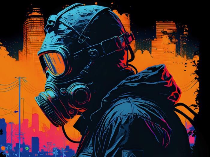 emergency management person with gas mask and bright colors in the background