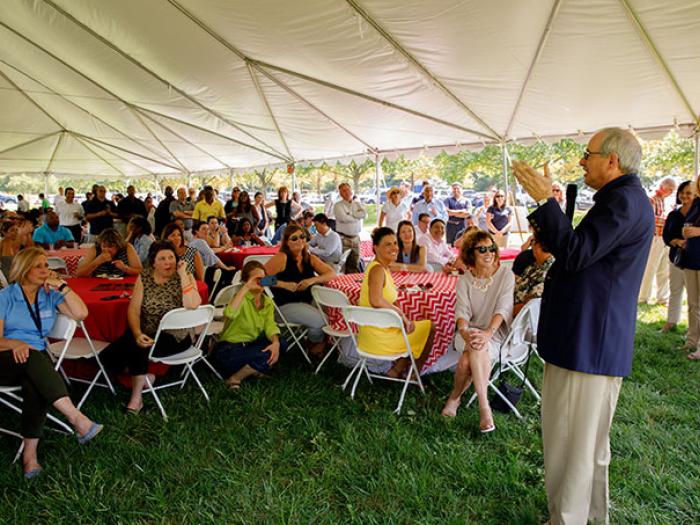New GW President Thomas LeBlanc speaks to faculty and staff at the Proud to be GW Festival at VSTC (William Atkins)