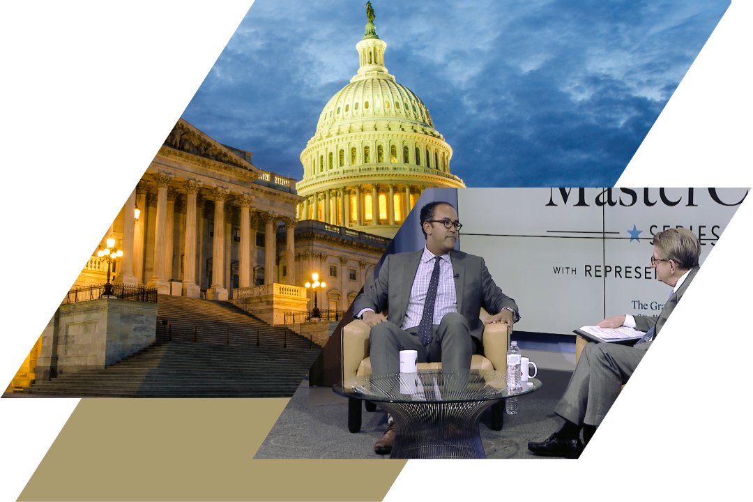 Collage of U.S. Capitol exterior, two men talking on a panel