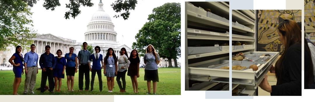 Group in front of the Capitol; woman looking at artifacts in a drawer