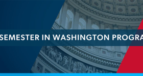Semester in Washington graphic with blue and red slanted shapes and an image of part of the US Capitol