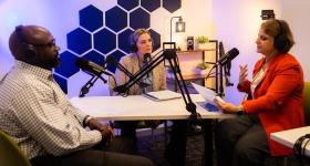 Podcast hosts Amanda Gillepsie and Luke Kasim interview Dean Liesl Riddle