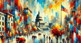 AI image of the Capitol building on a busy city street with the American flag flying next to it