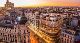 Aerial view of a street in Spain at sunset